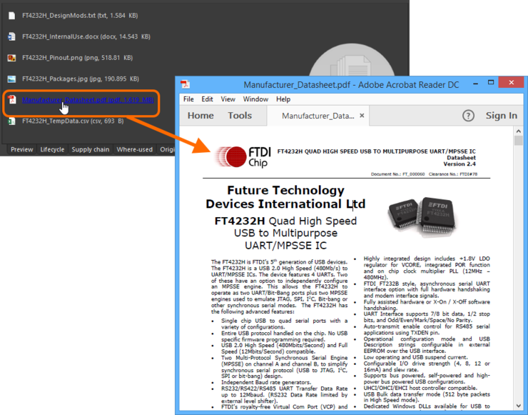 Use the hyperlinked name of the datasheet to quickly access it. In this example, a PDF datasheet is opened in the applicable, external PDF Viewer application.