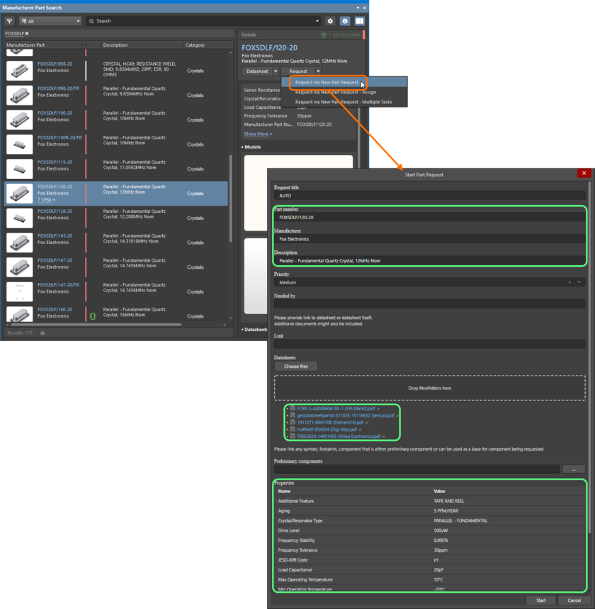 Example showing the Start Part Request dialog when running the New Part Request process definition from within the Manufacturer Part Search panel. Notice that a lot of information is pre-filled for you (highlighted in green for the part chosen here).