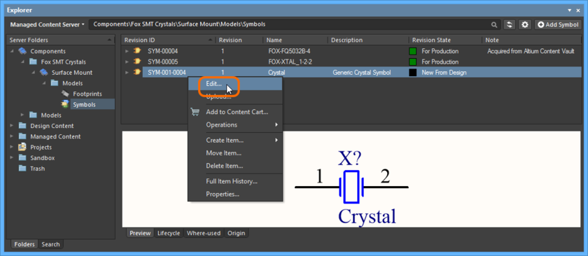 Accessing the command to launch direct editing of an existing revision of a Symbol Item.