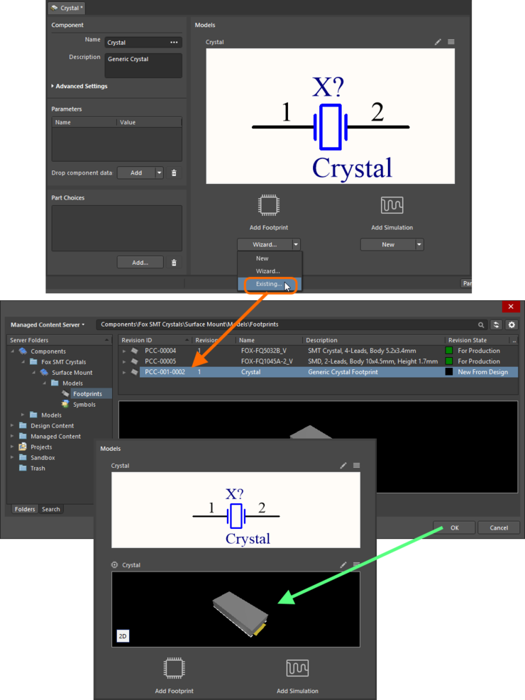 Example of referencing a revision of a Footprint Item as a model link, when direct editing the revision of a Component Item (managed component) using the Single Component Editor.