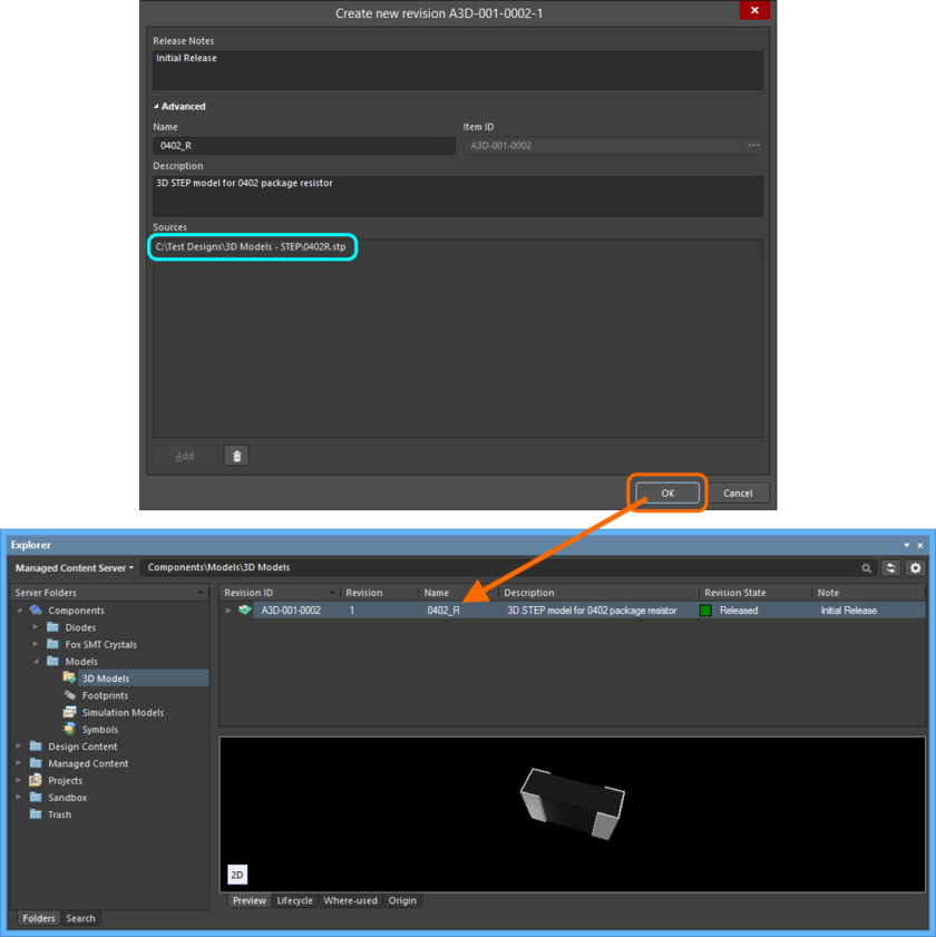 Browse the released revision of the 3D Model Item, back in the Explorer panel. Switch to the Preview aspect view to see its graphical depiction.