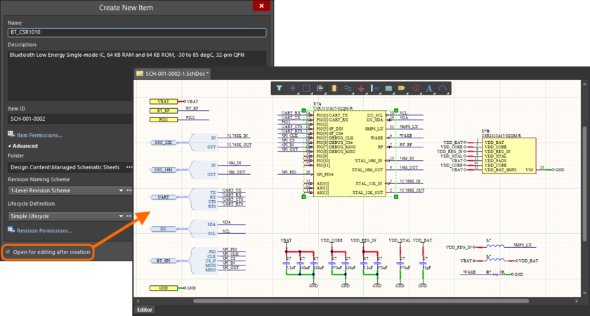 Example of editing the initial revision of a Managed Schematic Sheet Item, directly from the managed content server - the temporary Schematic Editor provides the document

with which to define your schematic sheet.