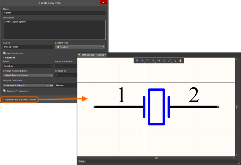 Example of editing the initial revision of a Symbol Item, directly from the managed content server - the temporary Schematic Library Editor provides the document with which to

define your schematic symbol.