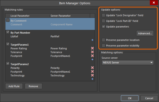 The Item Manager's Update options provide a flexible way to determine which parameters are updated, and under what conditions.