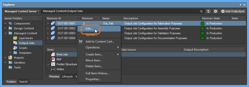 Accessing the command to launch direct editing of an existing revision of an Outputjob Item.
