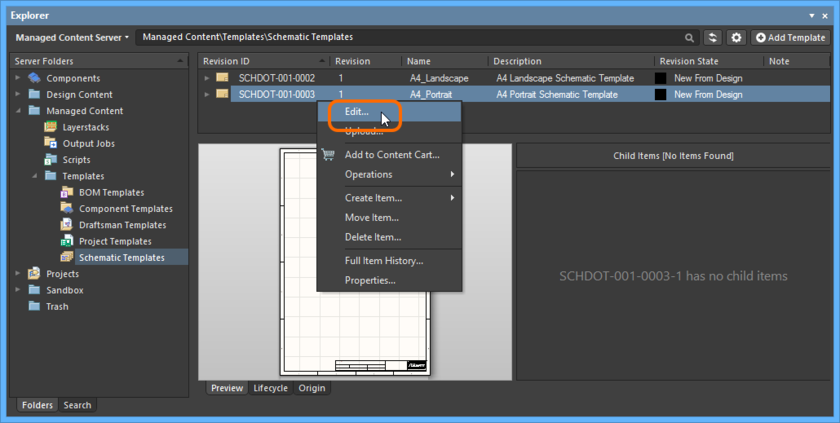 Accessing the command to launch direct editing of an existing revision of a Schematic Template Item.