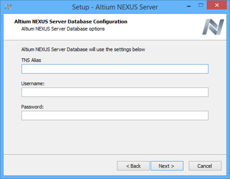 Specify access to your company's Oracle database, which will be used by the Altium NEXUS Server.