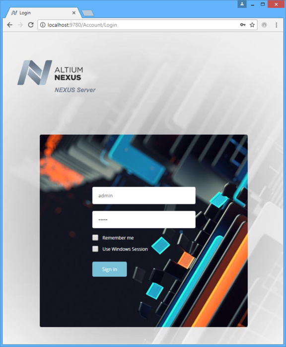 Sign in to your Altium NEXUS Server through its browser-based interface.