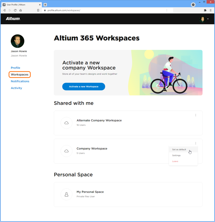 Example defined Workspaces, listed when accessing your AltiumLive Profile page.