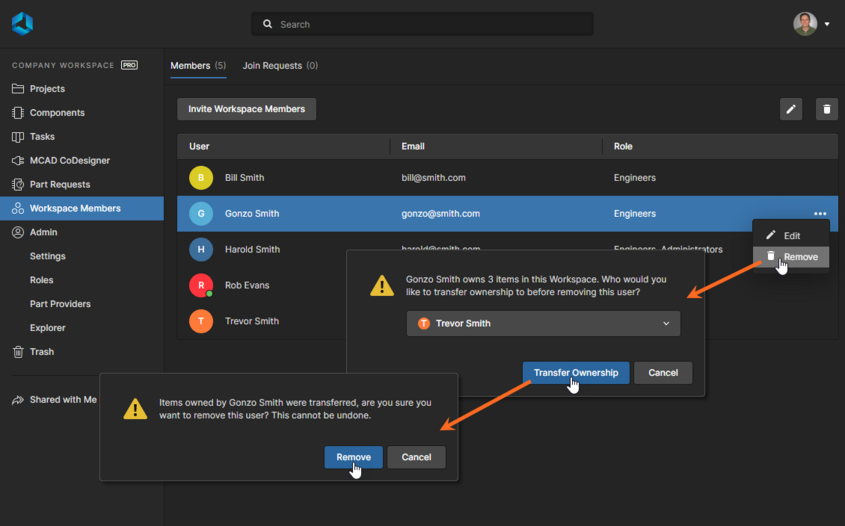 If required, specify a user that will become the new owner of the Items currently owned by the user to be removed.