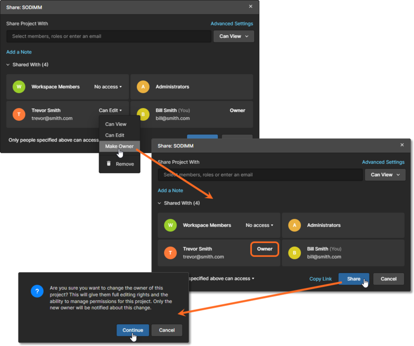 Transfer project ownership to a different Workspace member with the Make Owner option from the permissions dropdown menu.