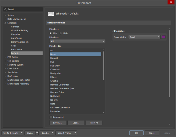 The Bezier default settings in the Preferences dialog and the Bezier mode of the Properties panel
