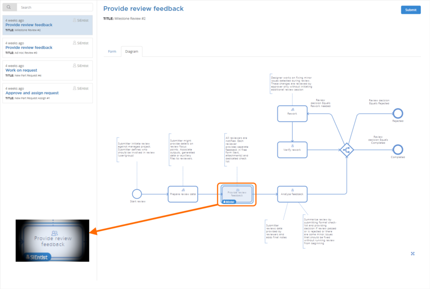 Accessing the workflow diagram for the default Milestone Review process, highlighting the user task requiring action, and by whom. Hover the mouse over the image to see the

workflow diagram for the default New Part Request Assign process. In both cases, user SiEntist needs to address these tasks in order for the workflow to proceed to its next event.