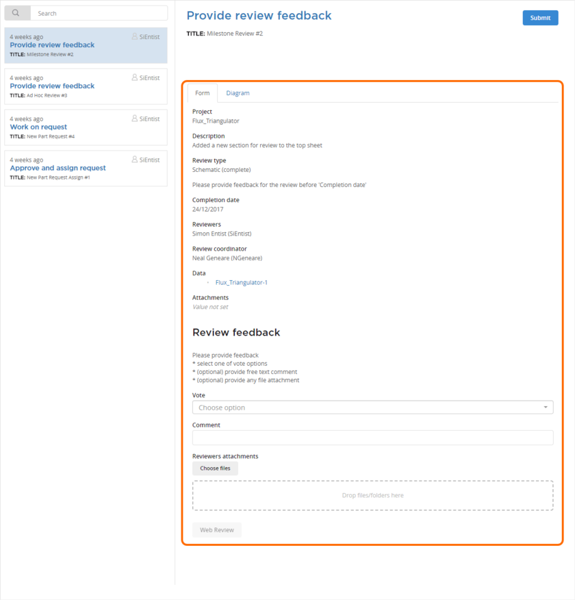 Example form for a user task associated with the default Milestone Review process. Hover the mouse over the image to see an example form for the default New Part

Request Assign process.