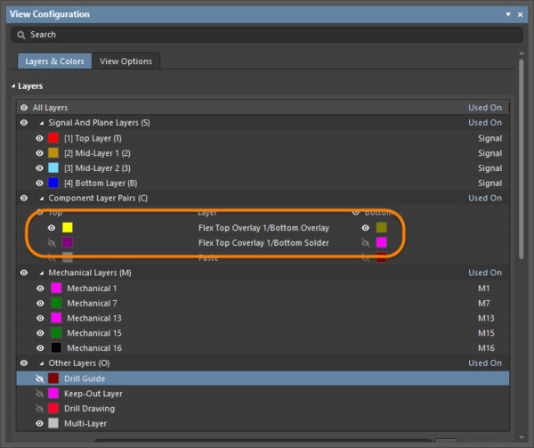 Custom Coverlay layers are added into the list of Layers in the View Configurations panel.