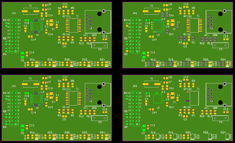 A 2 x 2 board array that references a single PCB design