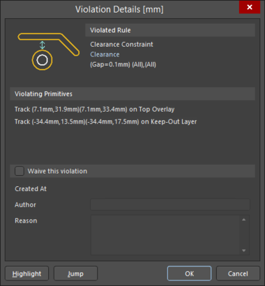 The Violation Details dialog shows both the rule and the primitives involved with the

error condition.
