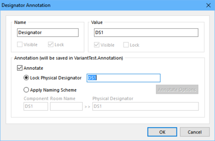 The Designator Annotation dialog also gives access to designator editing and annotation options for variants