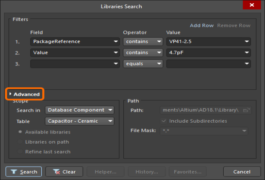 Click Advanced in the Libraries Search dialog to perform a SQL-based query search