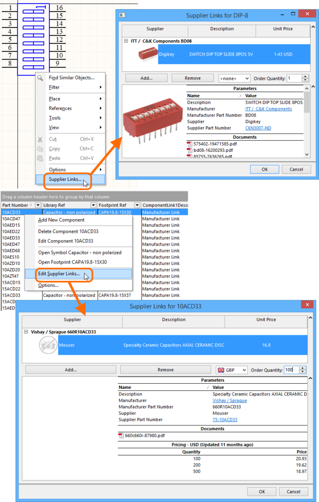 Manage the links for a component directly from within its associated Supplier Links dialog.Illustrated here is access from a schematic

library component (top) and a database library component record (bottom).