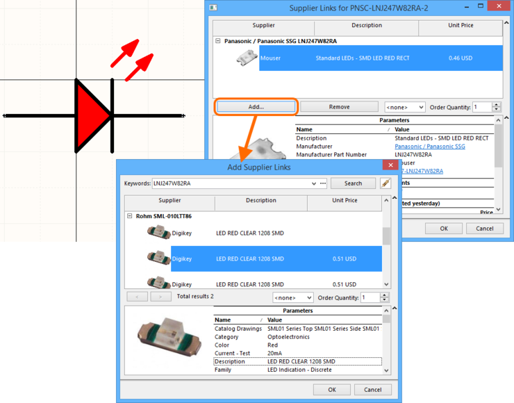 An example of adding an additional Supplier Link to a schematic library component, using the Add Supplier Links dialog.