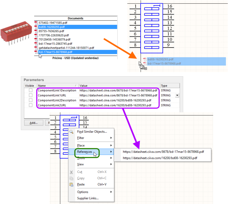 Example of Supplier Item datasheets imported to a schematic library component.You can see the selected datasheets (in the Supplier Search panel) dragged

into the main editing window for the active library component, with the resulting added parameters verified in the component's associated properties dialog.

The datasheets are made available on the References sub-menu, when right-clicking over the component.