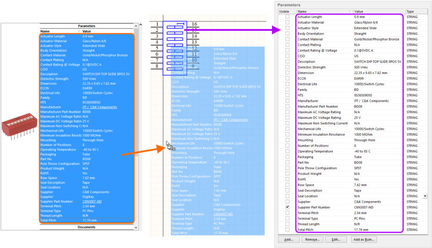 Example of Supplier Item parameters imported to a schematic library component. From left-to-right, you can see the selected parameters (in the Supplier Search panel) dragged

into the main editing window for the active library component, with the resulting added parameters verified in the component's associated properties dialog.