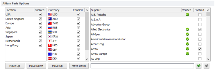 Options for configuring Suppliers - when the Altium Parts Provider extension is part of your installation.