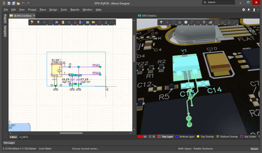 Selecting components and nets on the schematic, those objects are also selected on the PCB. Cross selection also works from the PCB to the schematic.