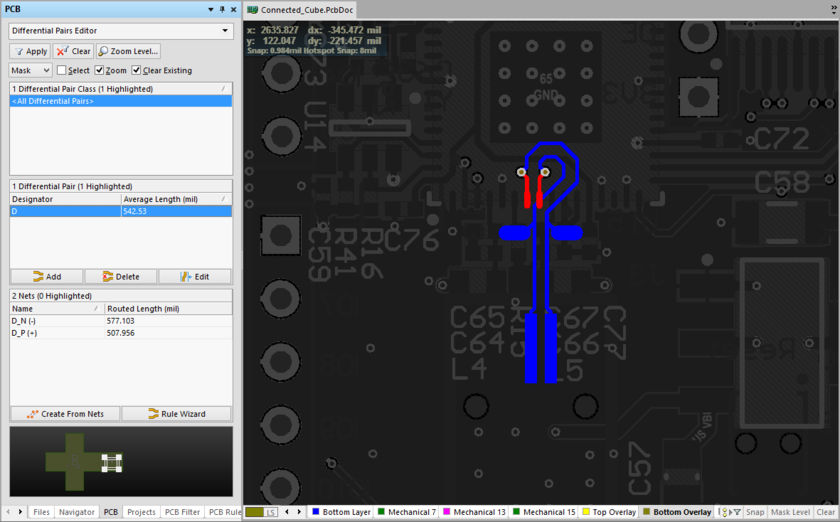 Verify creation of differential pairs on the PCB side, using the PCB panel, configured in its Differential Pairs Editor mode.