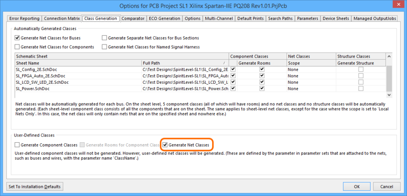 To propagate Net Class directives to the PCB, two project options need to be configured. First, enable the Generate Net Classes option on the Class Generation tab. Roll

over the image to show the Comparator tab, where you will need to set the Extra Net Classes option to Find Differences.