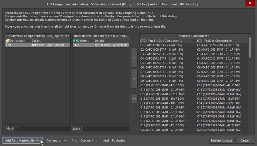 The Edit Component Links dialog is used to detect and resolve UID mismatches, it is run from the PCB editor.