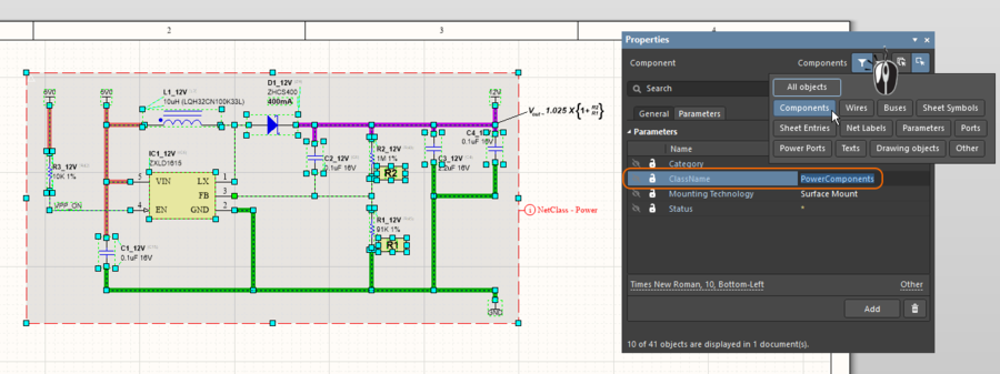All of the selected components have had the parameter ClassName = PowerComponents added, hover over the image to show the this class of components on the PCB.
