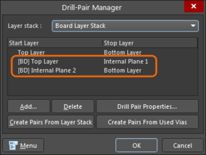 Created Back Drill Pairs (marked with a 'BD' prefix) in the Layer Stack Manager Drill Pair dialog.