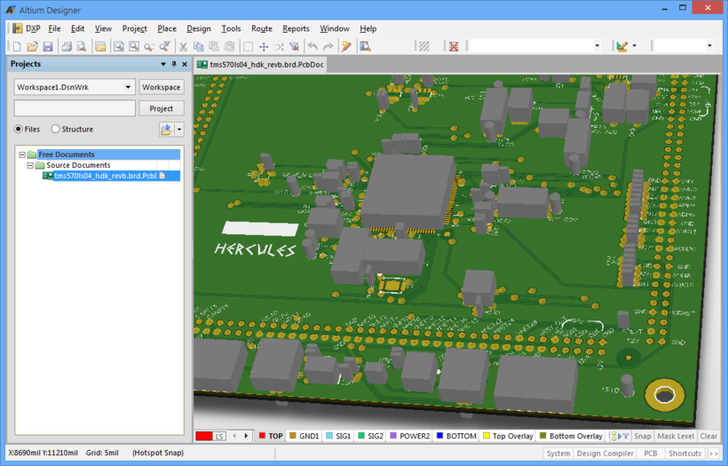A imported and converted Allegro PCB design shown in 3D mode Altium Designer's PCB editor. Allegro design for Hercules Development Kit courtesy of Texas Instruments®.