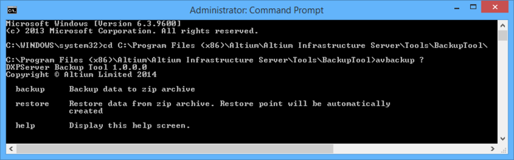 Accessing the backup tool through a Command Prompt (run as administrator).