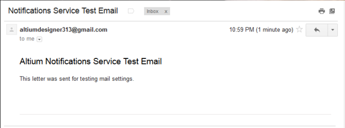 Тестовое письмо, отправленное службой уведомлений сервера AIS и полученное целевым email-адресом.