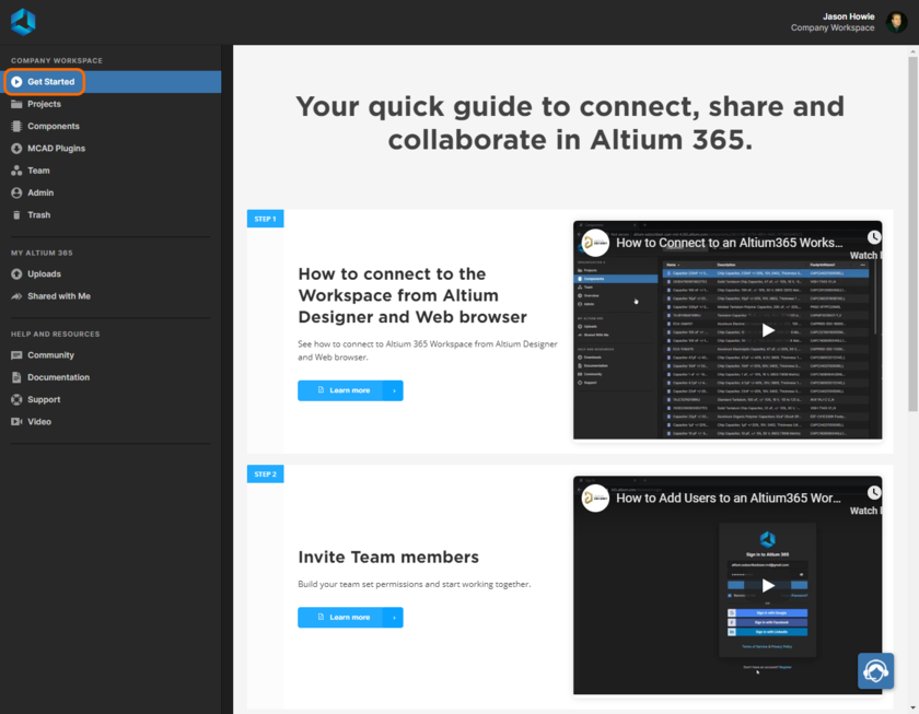 ブラウザ インターフェース内から直接、Altium 365 に慣れるためのドキュメントや動画を閲覧してください。