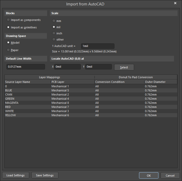 The Import from AutoCAD dialog