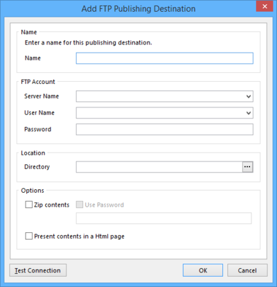 The Add FTP Publishing Destination dialog