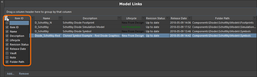 Hide or show model link data columns as required.