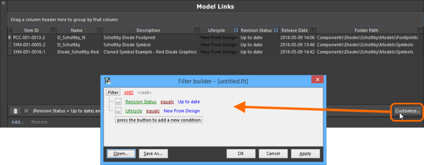 Use the Filter Builder dialog to create more sophisticated filtering.
