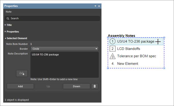 Select a single entry in a Note Item list to edit its content in the Properties dialog.