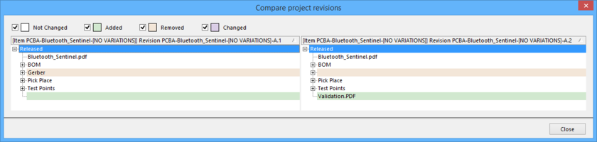 The Compare project revisions dialog