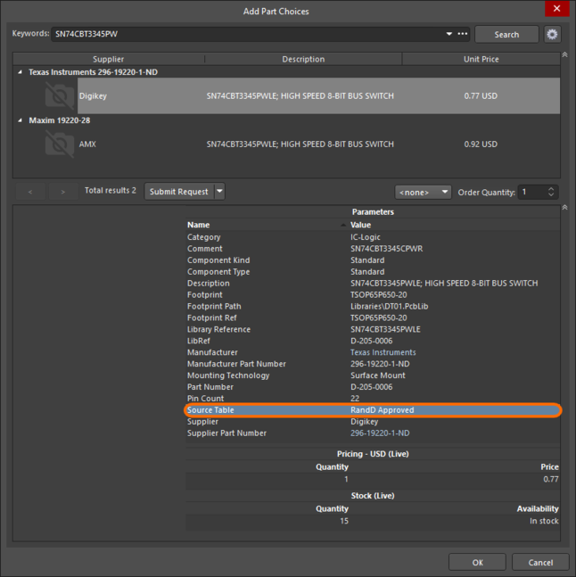 Manufacturer and supplier information sourced from a local Parts Database can be directly added when defining a managed component

using the Component Editor (in its Single Component Editing mode).
