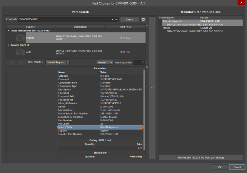Manufacturer and supplier information sourced from a local Parts Database can be directly added to components in the NEXUS Server as a Parts Choice list.