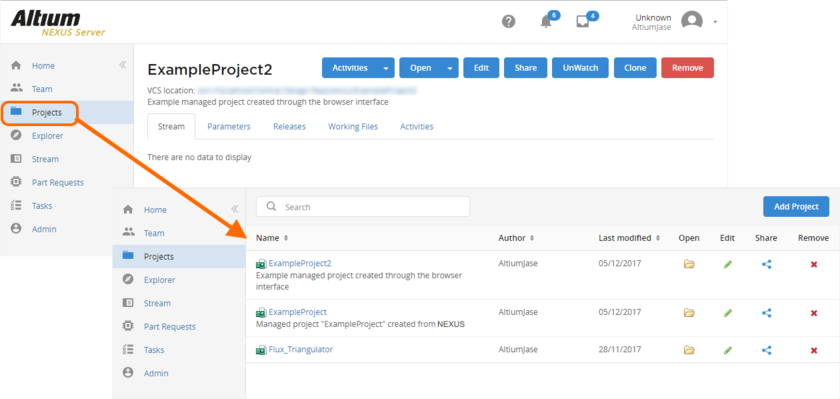 Additional Managed Project, created through the browser interface. Click the Projects entry in the nav tree to switch back from the detailed project view, to the summary-level view.