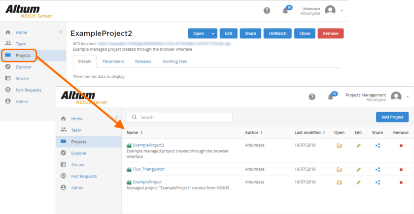Additional Managed Project, created through the browser interface. Click the Projects entry in the nav tree to switch back from the detailed project view, to the summary-level view.