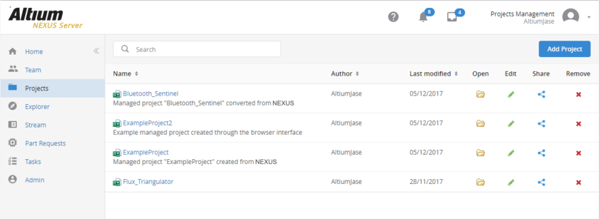The Projects page of the NEXUS Server's browser interface - command central for managing your managed projects.