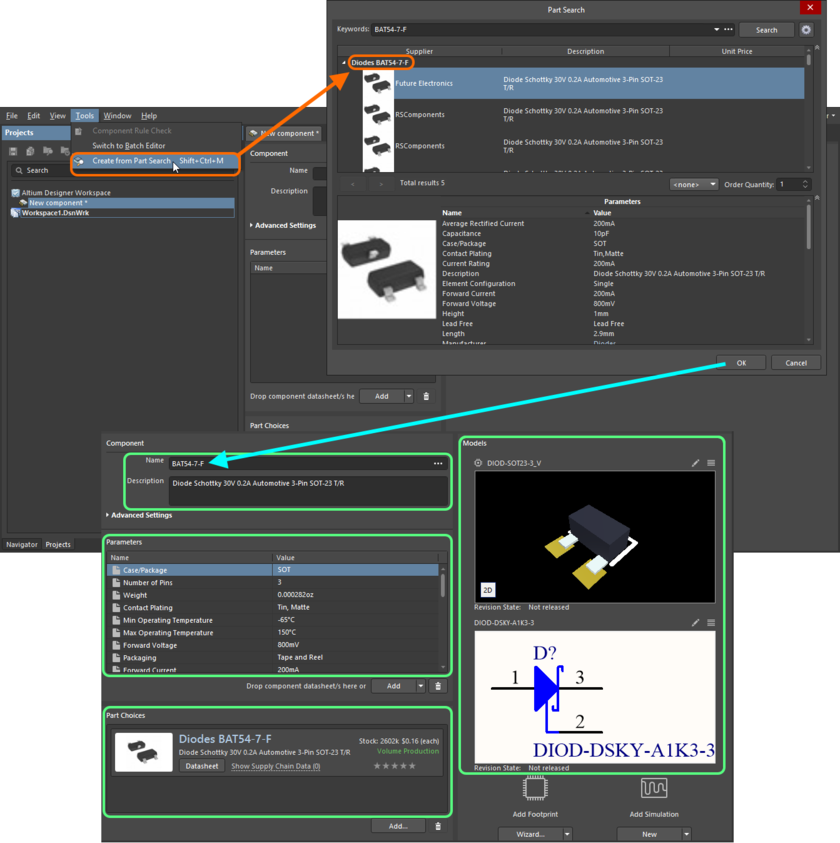 Use the Part Search dialog to find the required manufacturer part - be sure to select one of its available vendors/suppliers before clicking OK. The image shows all data for that

part being brought into the Component Editor.